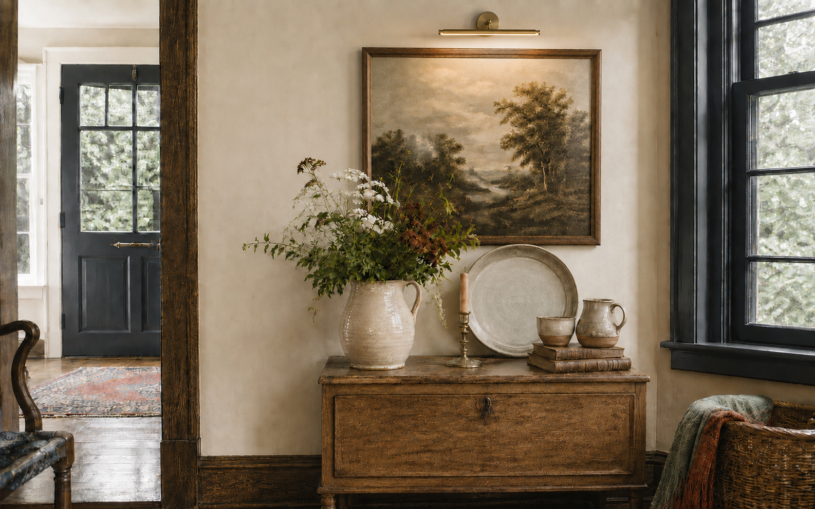 A modern-traditional old-house interior with a brass picture light, vintage art, earthy pottery, and garden flowers