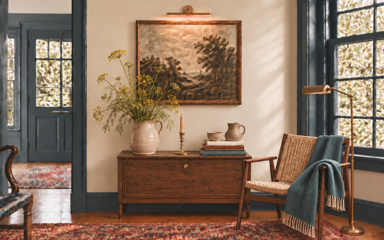 A modern-traditional interior with a walnut chest, vintage landscape, flowering dill, earthy pottery, and a woven reading chair